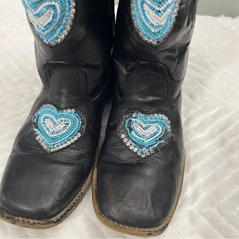 Roper Black Turquoise Kid‎ Cowgirl Boots size 3 western beads leather